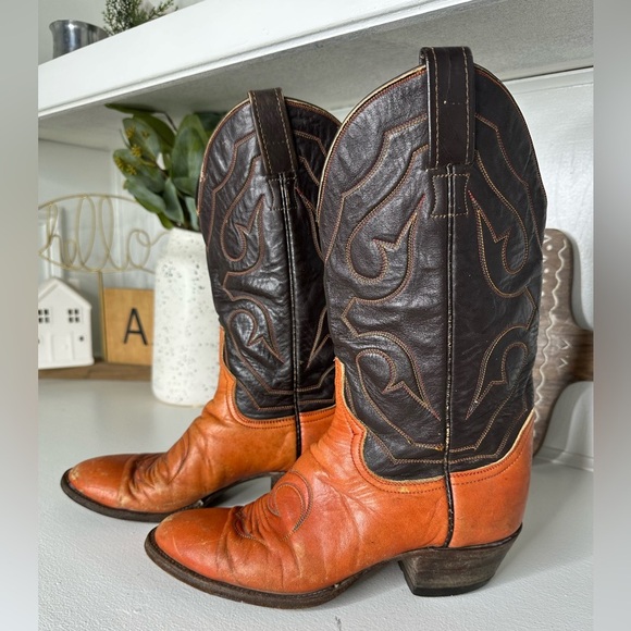 Larry Mahan Vintage Western Cowboy Boots Brown/Orange Leather Size 6.5 Women - Picture 1 of 10